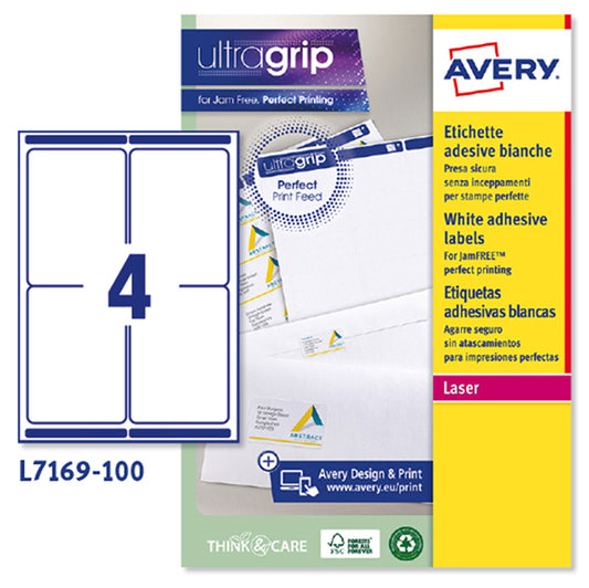 AVERY - L7169-100 - Etichette adesive L7169 - permanenti - 99,1 x 139 mm - 4 et-fg - 100 fogli A4 - bianco - Avery