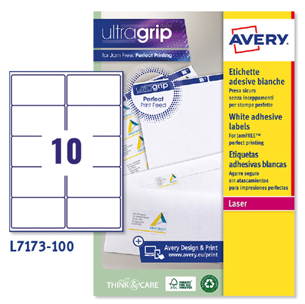 AVERY - L7173-100 - Etichette adesive L7173 - permanenti - 99,1 x 57 mm - 10 et-fg - 100 fogli A4 - bianco - Avery