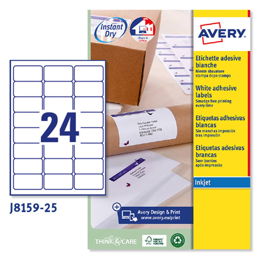 AVERY - J8159-25 - Etichette adesive J8159 - permanenti - per stampanti inkjet - 63,5 x 33,9 mm - 24 et-fg - 25 fogli A4 - bianco - Avery