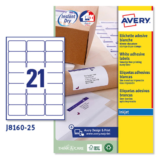 AVERY - J8160-25 - Etichette adesive J8160 - permanenti - per stampanti inkjet - 63,5 x 38,1 mm - 21 et-fg - 25 fogli A4 - bianco - Avery