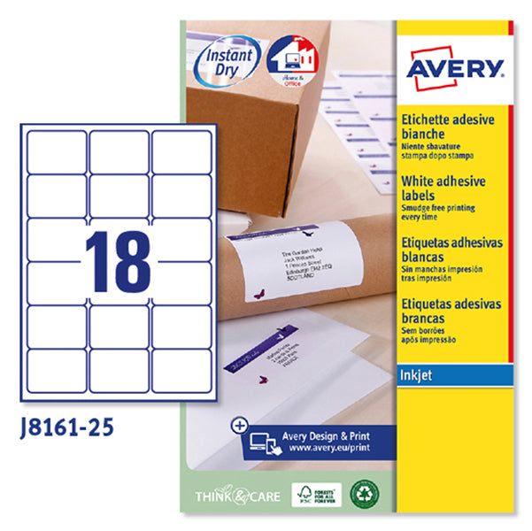 AVERY - J8161-25 - Etichette adesive J8161 - permanenti - per stampanti inkjet - 63,5 x 46,6 mm - 18 et-fg - 25 fogli A4 - bianco - Avery