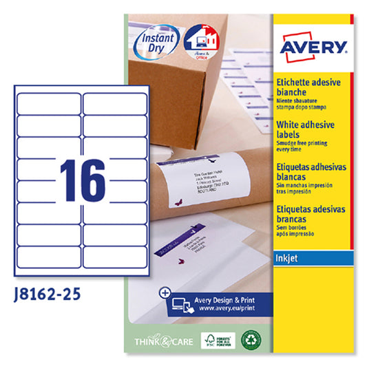 AVERY - J8162-25 - Etichette adesive J8162 - permanenti - per stampanti inkjet - 99,1 x 33,9 mm - 16 et-fg - 25 fogli A4 - bianco - Avery