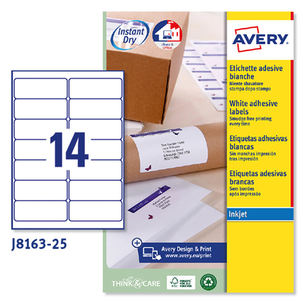 AVERY - J8163-25 - Etichette adesive J8163 - permanenti - per stampanti inkjet - 99,1 x 38,1 mm - 14 et-fg - 25 fogli A4 - bianco - Avery