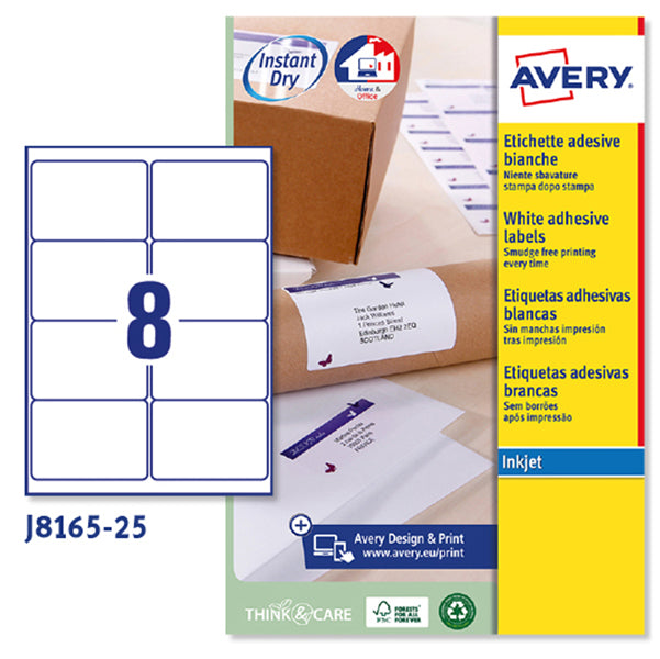 AVERY - J8165-25 - Etichette adesive J8165 - permanenti - per stampanti inkjet - 99,1 x 67,7 mm - 8 et-fg - 25 fogli A4 - bianco - Avery