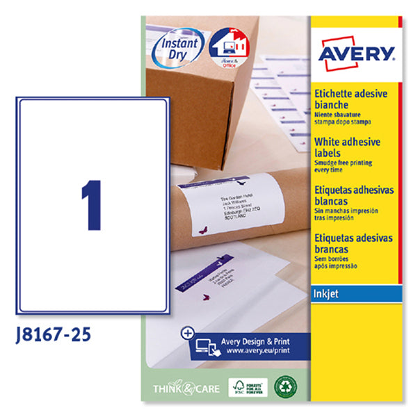 AVERY - J8167-25 - Etichette adesive J8167 - permanenti - per stampanti inkjet - 199,6 x 289,1 mm - 1 et-fg - 25 fogli A4 - bianco - Avery