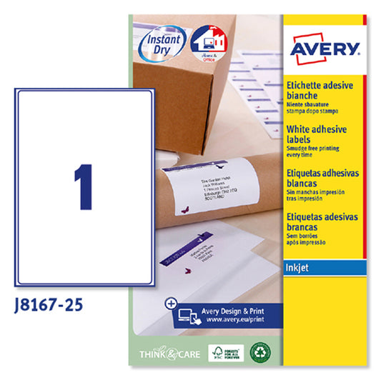 AVERY - J8167-25 - Etichette adesive J8167 - permanenti - per stampanti inkjet - 199,6 x 289,1 mm - 1 et-fg - 25 fogli A4 - bianco - Avery