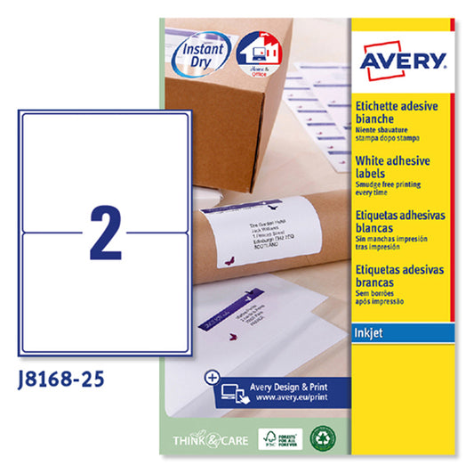 AVERY - J8168-25 - Etichette adesive J8168 - permanenti - per stampanti inkjet - 199,6 x 143,5 mm - 2 et-fg - 25 fogli A4 - bianco - Avery