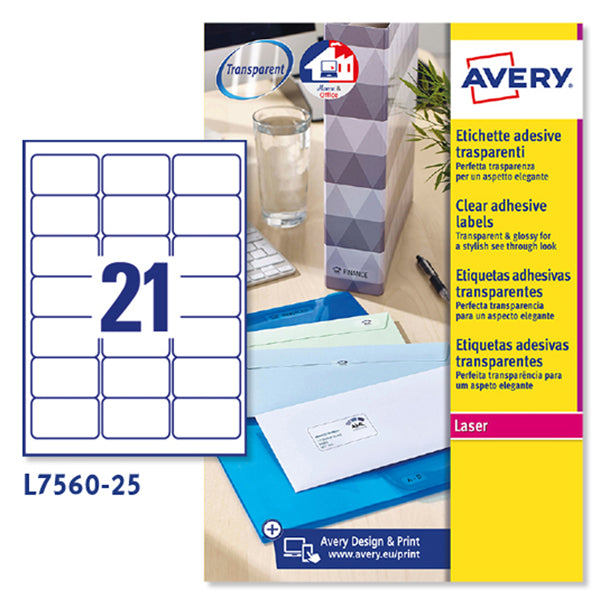 AVERY - L7560-25 - Etichette adesive L7560 - permanenti - per stampanti laser - 63,5  x  38,1 mm - 21 et-fg - 25 fogli A4 - poliestere - trasparente - Avery
