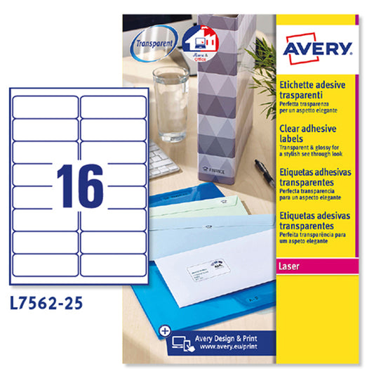 AVERY - L7562-25 - Etichette adesive L7562 - permanenti - per stampanti laser - 99,1  x  34 mm - 16 et-fg - 25 fogli A4 - poliestere - trasparente - Avery