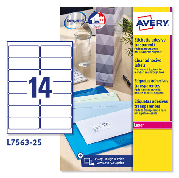 AVERY - L7563-25 - Etichette adesive L7563 - permanenti - per stampanti laser - 99,1  x  38,1 mm - 14 et-fg - 25 fogli A4 - poliestere - trasparente - Avery