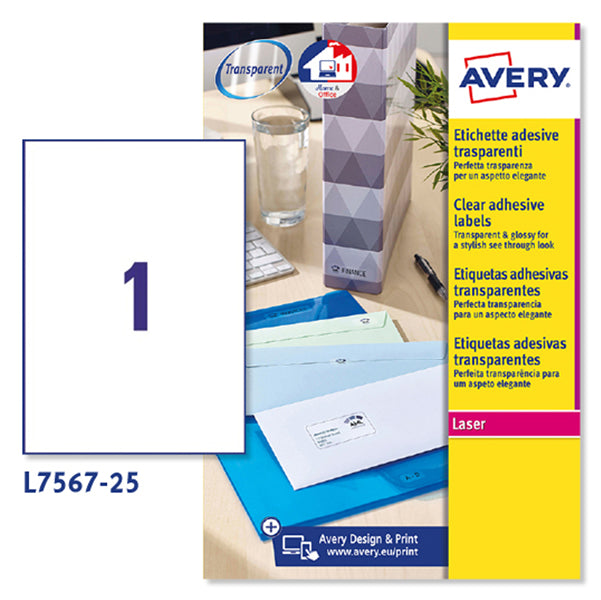 AVERY - L7567-25 - Etichette adesive L7567 - permanenti - per stampanti laser - 210  x  297 mm - 1 et-fg - 25 fogli A4 - poliestere - trasparente - Avery