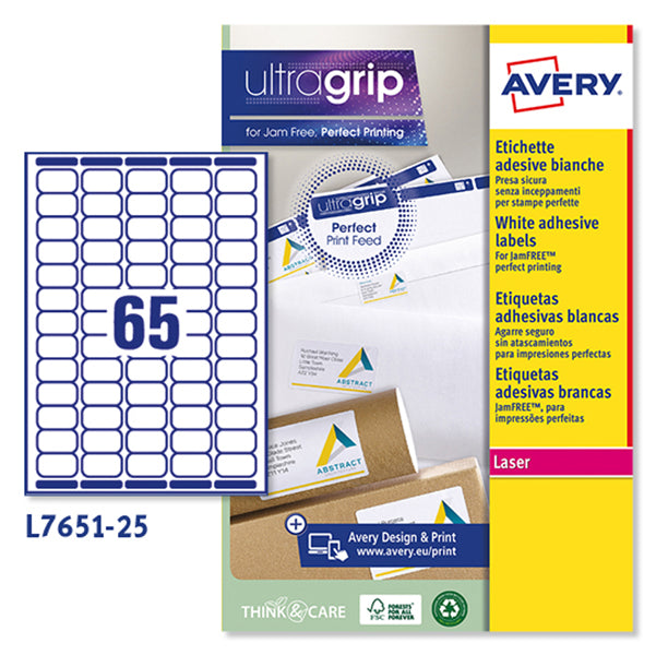 AVERY - L7651-25 - Etichette adesive L7651 - permanenti - 38,1 x 21,2 mm - 65 et-fg - 25 fogli A4 - bianco - Avery