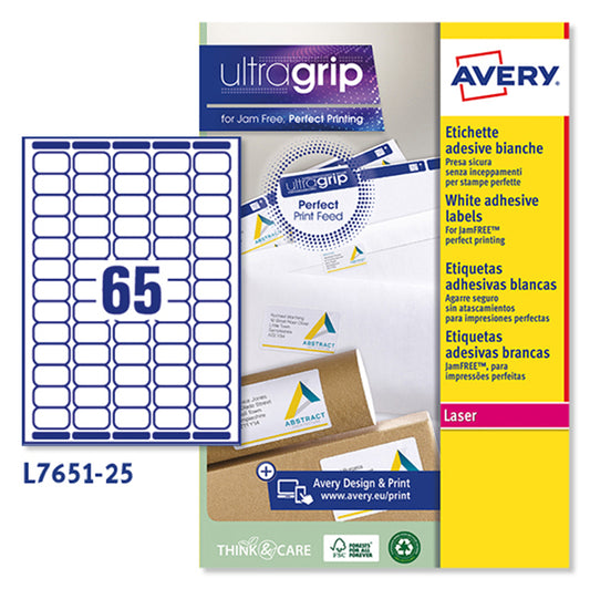 AVERY - L7651-25 - Etichette adesive L7651 - permanenti - 38,1 x 21,2 mm - 65 et-fg - 25 fogli A4 - bianco - Avery