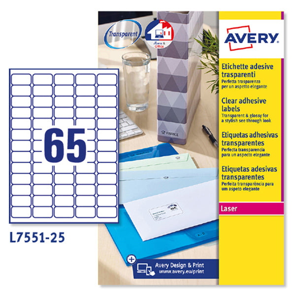 AVERY - L7551-25 - Etichette adesive L7551 - permanenti - per stampanti laser - 38,1 x 21,2 mm - 65 et-fg - 25 fogli A4 - poliestere - trasparente - Avery