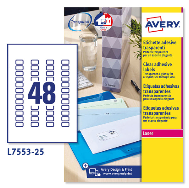 AVERY - L7553-25 - Etichette adesive L7553 - permanenti - per stampanti laser - 22  x  12,7 mm - 48 et-fg - 25 fogli A4 - poliestere - trasparente - Avery