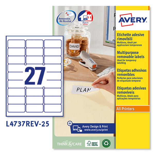 AVERY - L4737REV-25 - Etichette adesive L4737REV - rimovibili - per stampanti laser - 63,5 x 29,6 mm - 27 et-fg - 25 fogli A4 - bianco - Avery