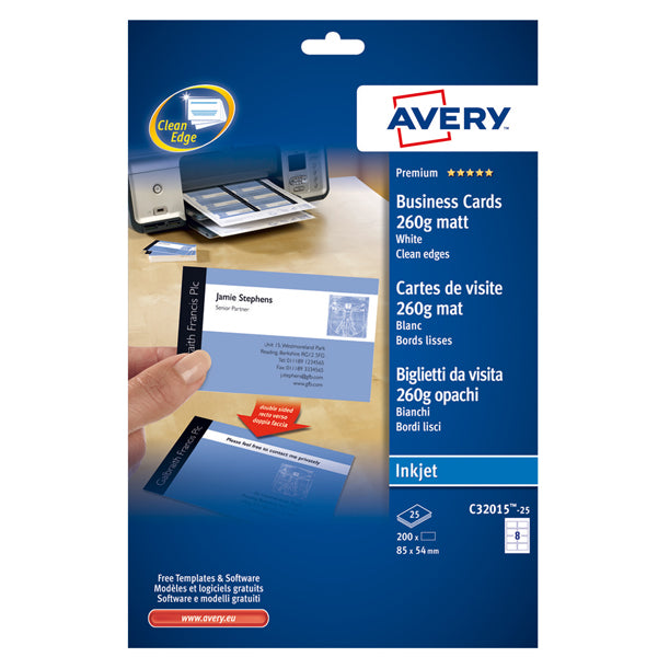 AVERY - C32015-25 - Biglietti da visita - 85 x 54 mm - 260 gr - effetto opaco - bianco - Avery - conf. 25 fogli da 8 biglietti