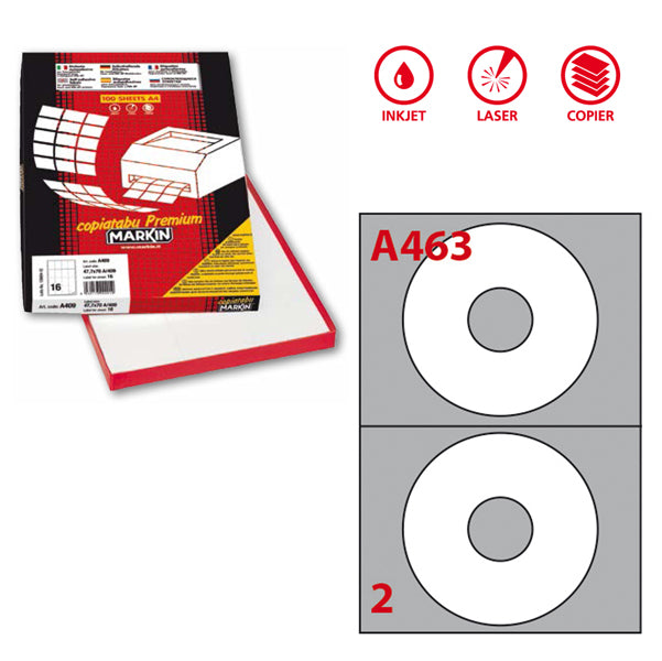 MARKIN - 210A463 - Etichette adesive A463 - per CD - permanenti - diametro CD 117,5 mm - foro 41 mm - 2 et-fg - 100 fogli A4 - bianco - Markin