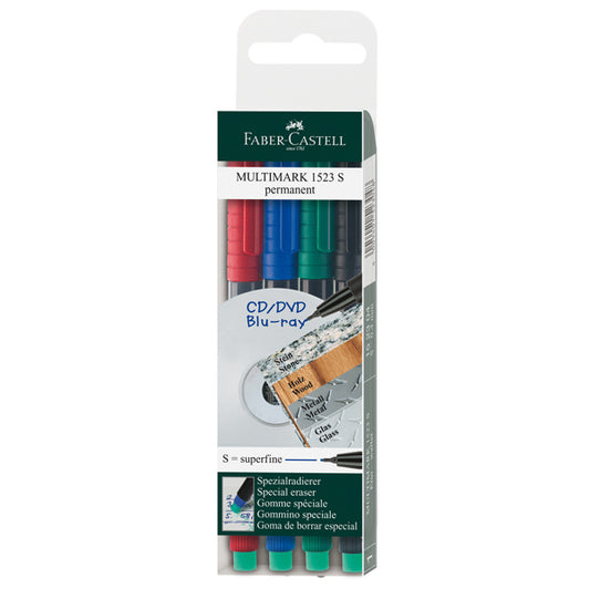 FABER-CASTELL - 152304 - Pennarello Multimark universale con gomma - astuccio 4 colori - punta superfine 0,4 mm - Faber Castell