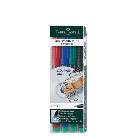 FABER-CASTELL - 151304 - Pennarello Multimark universale permanente con gomma - punta fine 0,6 mm - astuccio 4 colori - Faber Castell