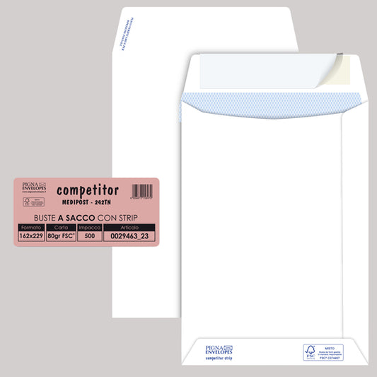 PIGNA - 002946323 - Busta a sacco Competitor FSC  - strip adesivo - 16 x 23 cm - 80 gr - bianco - Pigna - conf. 500 pezzi