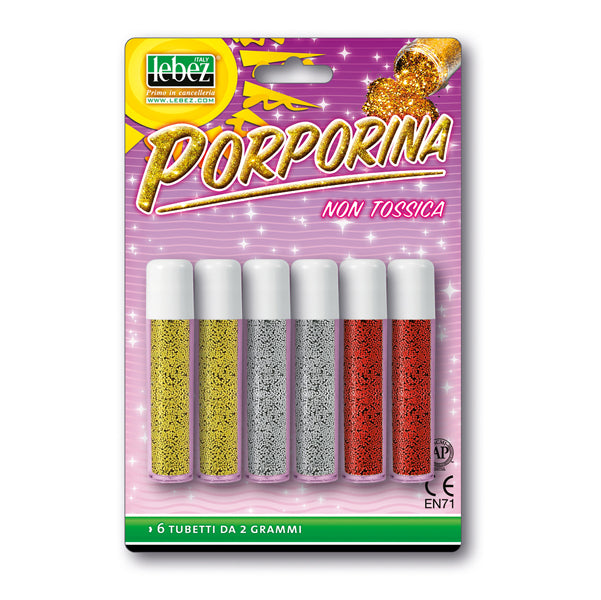 LEBEZ - 5134-ASS - Porporina glitter - 2gr - colori assortiti - Lebez - conf. 6 tubi