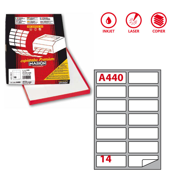 MARKIN - 210A440 - Etichette adesive A440 - permanenti - 99,1 x 38,1 mm - 14 et-fg - 100 fogli A4 - bianco - Markin