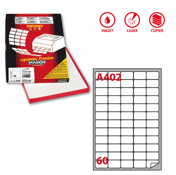 MARKIN - 210A402 - Etichette adesive A402 - permanenti - 37,5 x 23,5 mm - 60 et-fg - 100 fogli A4 - bianco - Markin