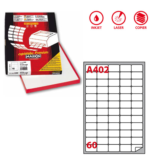 MARKIN - 210A402 - Etichette adesive A402 - permanenti - 37,5 x 23,5 mm - 60 et-fg - 100 fogli A4 - bianco - Markin