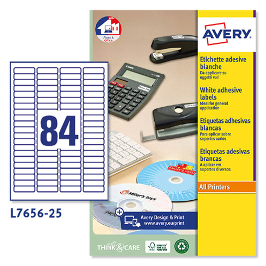 AVERY - L7656-25 - Etichette adesive L7656 - per stampanti laser-inkjet - 46 x 11,1 mm - 84 et-fg) - 25 fogli A4 - bianco - Avery