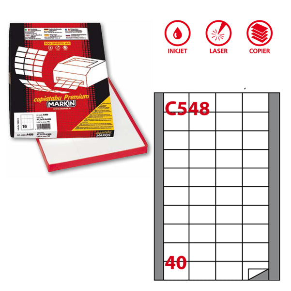 MARKIN - 210C548 - Etichette adesive C548 - permanenti - 45 x 29,7 mm - 40 et-fg - 100 fogli A4 - bianco - Markin