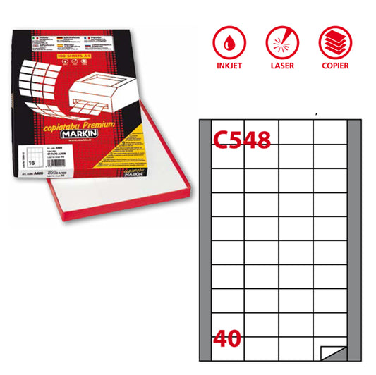MARKIN - 210C548 - Etichette adesive C548 - permanenti - 45 x 29,7 mm - 40 et-fg - 100 fogli A4 - bianco - Markin