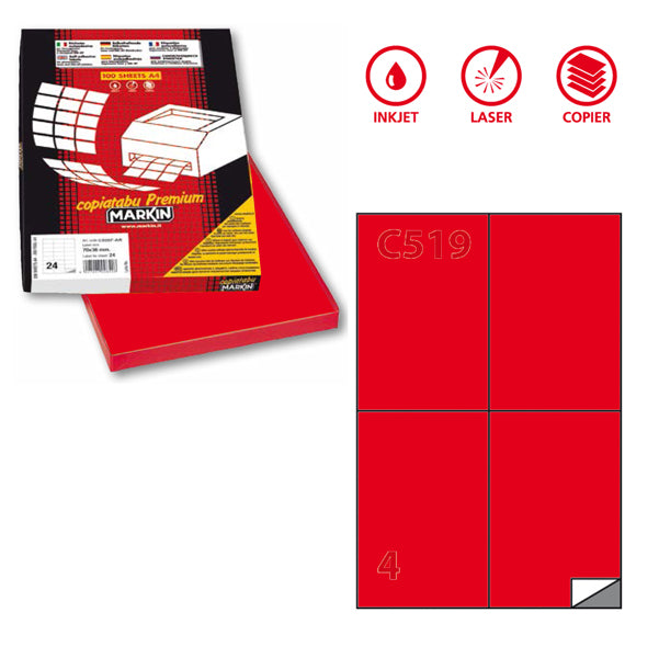 MARKIN - 210C519RO - Etichette adesive C519 - permanenti - 105 x 148,5 mm - 4 et-fg - 100 fogli A4 - rosso - Markin