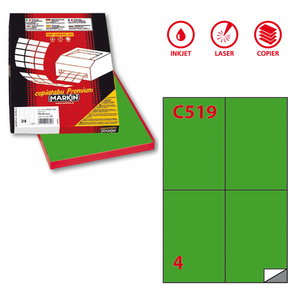 MARKIN - 210C519VE - Etichette adesive C519 - permanenti - 105 x 148,5 mm - 4 et-fg - 100 fogli A4 - verde - Markin