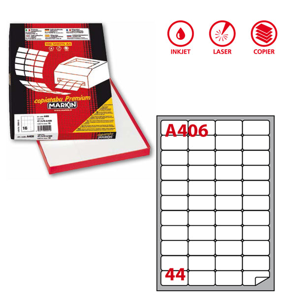 MARKIN - 210A406 - Etichette adesive A406 - permanenti - 47,5 x 25,5 mm - 44 et-fg - 100 fogli A4 - bianco - Markin