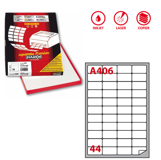 MARKIN - 210A406 - Etichette adesive A406 - permanenti - 47,5 x 25,5 mm - 44 et-fg - 100 fogli A4 - bianco - Markin