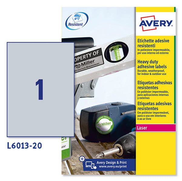 AVERY - L6013-20 - Etichette adesive L6013 - permanenti - per stampanti laser - 210 x 297 mm - 1 et-fg - 20 fogli A4 - poliestere - argento - Avery