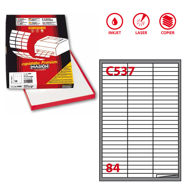 MARKIN - 210C537 - Etichette adesive C537 - permanenti - 67 x 10 mm - 84 et-fg - 100 fogli A4 - bianco - Markin