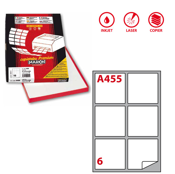 MARKIN - 210A455 - Etichette adesive A455 - permanenti - 99,1 x 93,1 mm - 6 et-fg - 100 fogli A4 - bianco - Markin