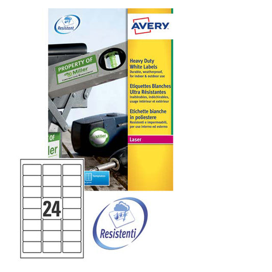 AVERY - L4773-20 - Etichette adesive L4773 - permanenti - per stampanti laser - 63,5 x 33,9 mm - 24 et-fg - 20 fogli A4 - poliestere - bianco - Avery