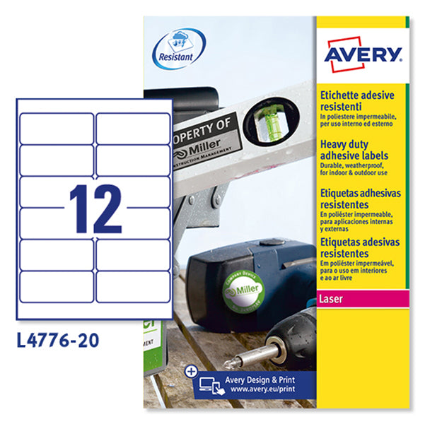 AVERY - L4776-20 - Etichette adesive L4776 - permanenti - per stampanti laser - 99,1 x 42,3 mm - 12 et-fg - 20 fogli A4 - poliestere - bianco - Avery