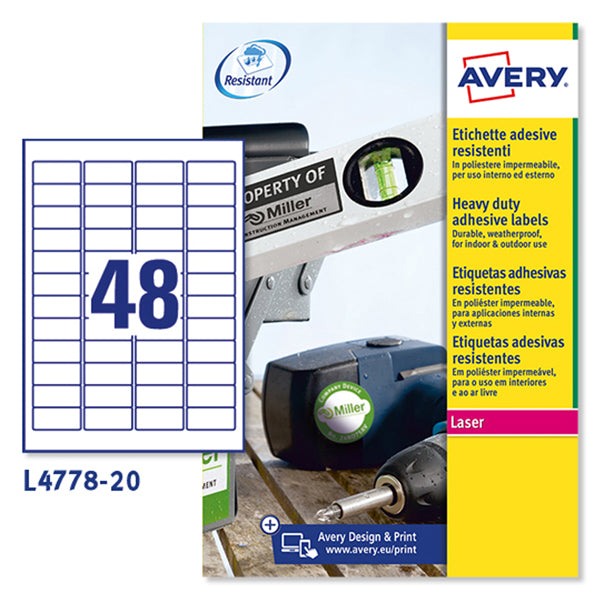 AVERY - L4778-20 - Etichette adesive L4778 - permanenti - per stampanti laser - 45,7 x 21,2 mm - 48 et-fg - 20 fogli A4 - poliestere - bianco - Avery