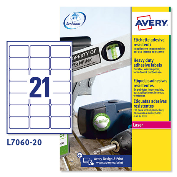 AVERY - L7060-20 - Etichette adesive L7060 - permanenti - per stampanti laser - 63,5 x 38,1 mm - 21 et-fg - 20 fogli A4 - poliestere - bianco - Avery