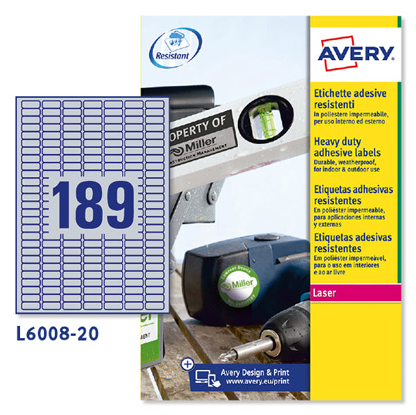AVERY - L6008-20 - Etichette adesive L6008 - permanenti - per stampanti laser - 24,5 x 10 mm - 189 et-fg - 20 fogli A4 - poliestere - argento - Avery