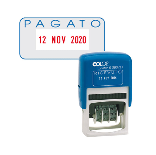 COLOP - S260L2.BLS - Timbro S260-L2 Datario + PAGATO - 4 mm - autoinchiostrante - bicolore - Colop