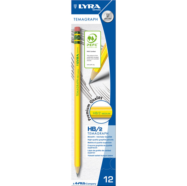 LYRA - L1150100 - Matita di grafite Temagraph - gradazione HB - con gommino - Lyra - scatola 12 matite
