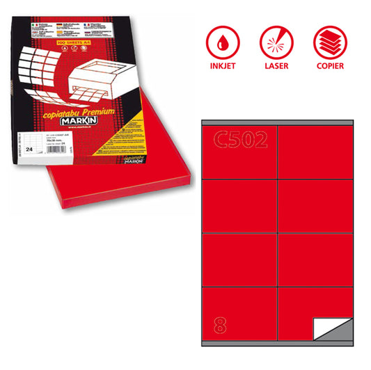 MARKIN - 210C502RO - Etichette adesive C502 - permanenti - 105 x 72 mm - 8 et-fg - 100 fogli A4 - rosso - Markin