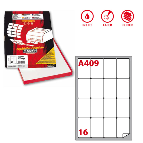 MARKIN - 210A409 - Etichette adesive A409 - permanenti - 47,7 x 70 mm - 16 et-fg - bainco - Markin