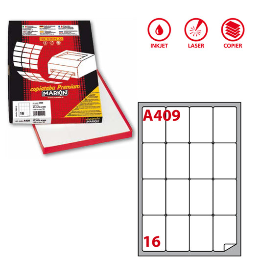 MARKIN - 210A409 - Etichette adesive A409 - permanenti - 47,7 x 70 mm - 16 et-fg - bainco - Markin