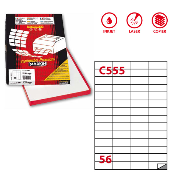 MARKIN - 210C555 - Etichette adesive C555 - permanenti - 52,5 x 21,2 mm - 56 et-fg - 100 fogli A4 - bianco - Markin